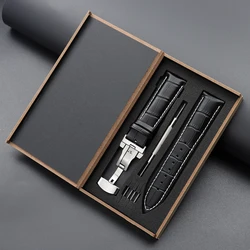 Elegant Genuine Leather Butterfly Clasp Watch Band with Premium Wooden Box - 22mm (Black White)