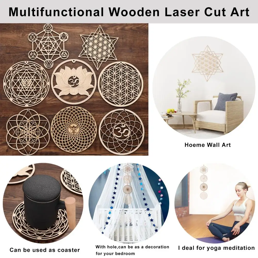 Wall Art Home Decor Home Wall Decor Laser Cut Slice Wood Base Flower Of Life Energy Mat Flower of Life Shape Wooden Sign