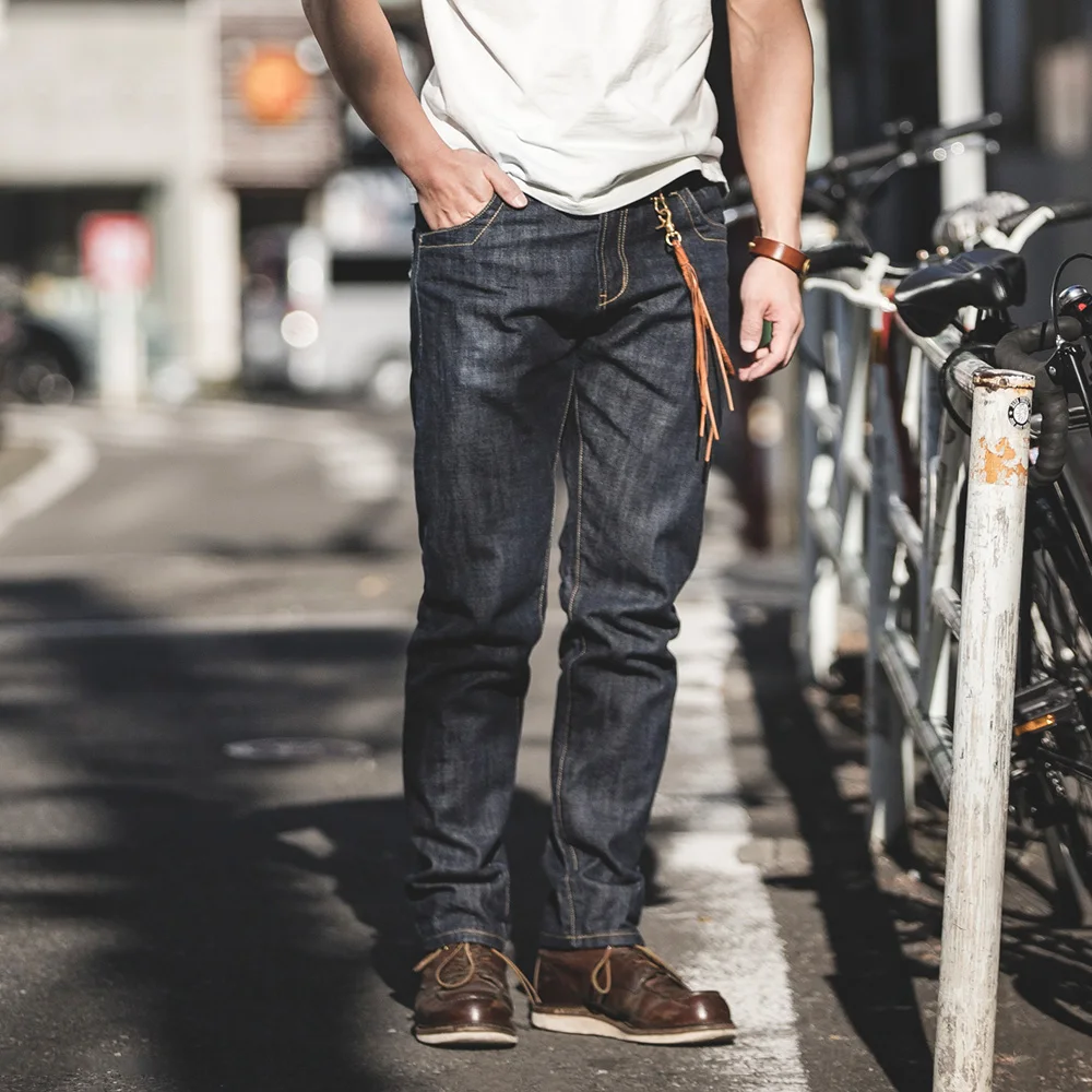 Maden Men's Classic 14OZ Raw Selvage Denim Jeans Washed Mid-waist Straight Pants Pocket Graffiti and Pony Hair Patch Decoration 3