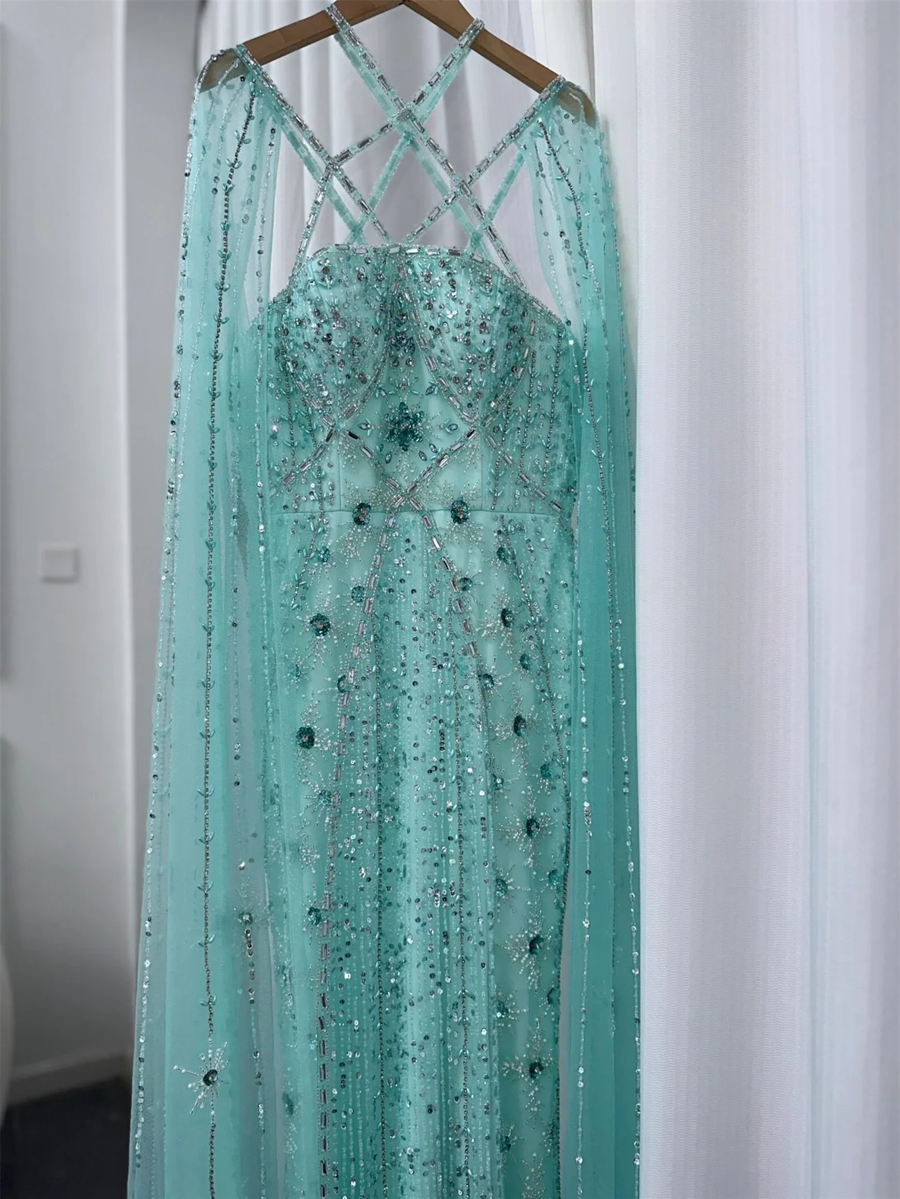 Classic Wedding Dress Cape Sleeves To Floor Square Collar Tie Beaded Patch Diamond Tulle Lace Luxury Blue/Purple Prom  Dress
