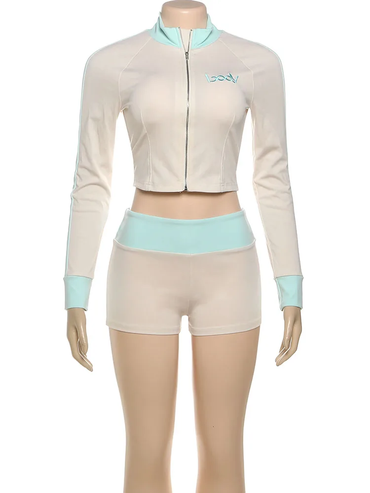 Nibber Embroidery Letter Patchwork Women 2 Piece Set Zip Crop Jacket+Mini Shorts Stretch Casual Street Sporty Hipster Outfits