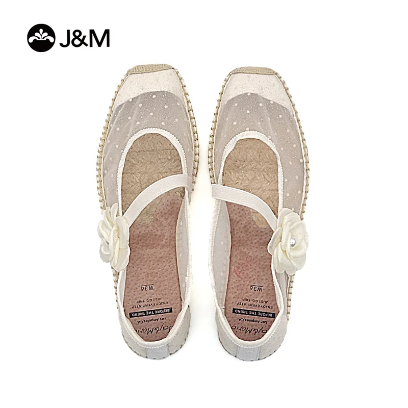 

J&M Women Fisherman Shoes Espadrilles Round Toe Ballets Flat Rubber Hemp Slip-on Casual Mesh Lace Rose Dress Zapatillas Sapatos