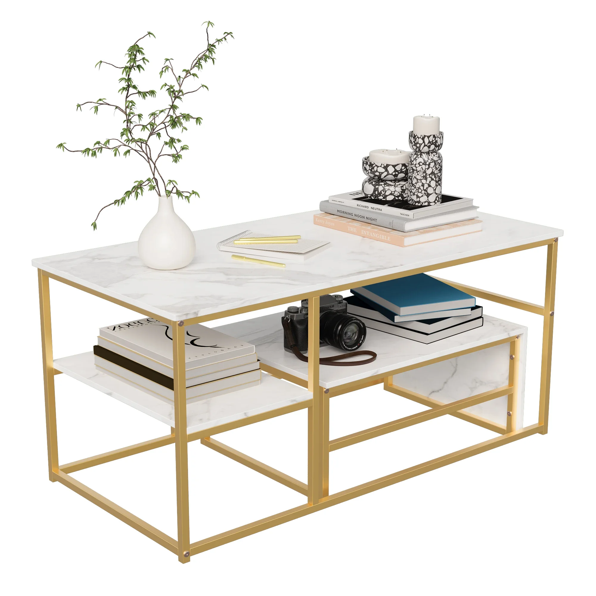 Rosahqnda 2er-Set Couchtische, Beistelltische, Marmoroptik mit Metallrahmen und Regal, Couchtisch, Wohnzimmertisch – Detail 3