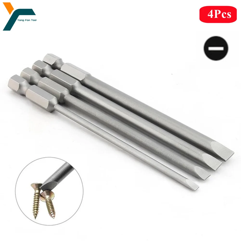 육각 생크 플랫 헤드 윈드 드라이버 드릴 렌치 마그네틱 소켓, 100mm 슬롯 드라이버 비트, 1/4 인치, SL3.0, SL4.0, SL5.0, SL6.0, 4 개