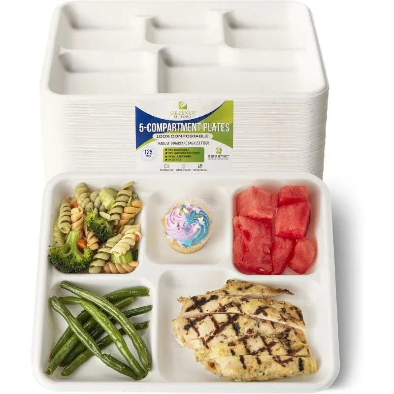 Compostable 5 Compartment Plates-Eco-Friendly, Disposable Sugarcane Trays 10.5 x 8.5 in. (125 Pack)