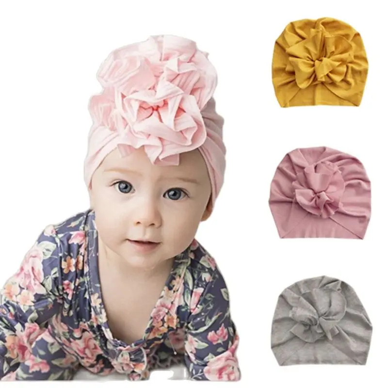 

Kids Elastic Baby Indian Hat Solid Color Newborn Infant Cap Girl Cute Flower Soft Beanies Headwrap Hat Turban Hair Accessories