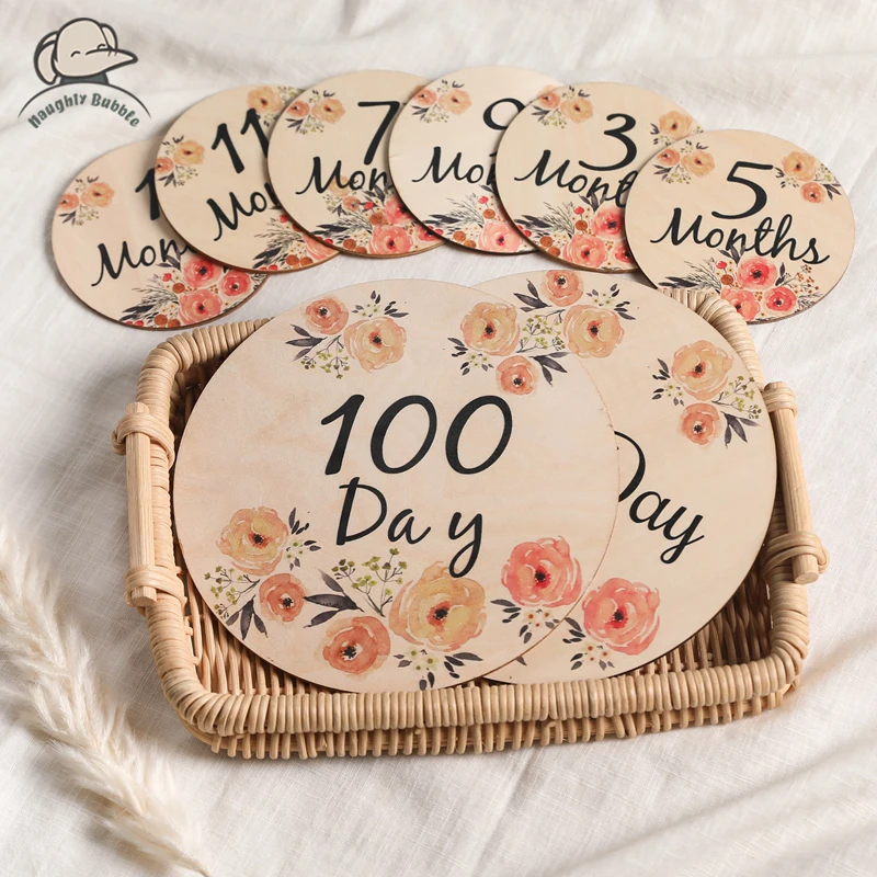 Baby Wooden Flower Milestone Newborn Birth Month Cards Birthday Gift Toddler Wooden Safe Teether Baby Kids Photography Props Toy 1pcs wooden baby rattles educational toys ring hand bells vibrating infant teether toys newborn photography props toddler gift