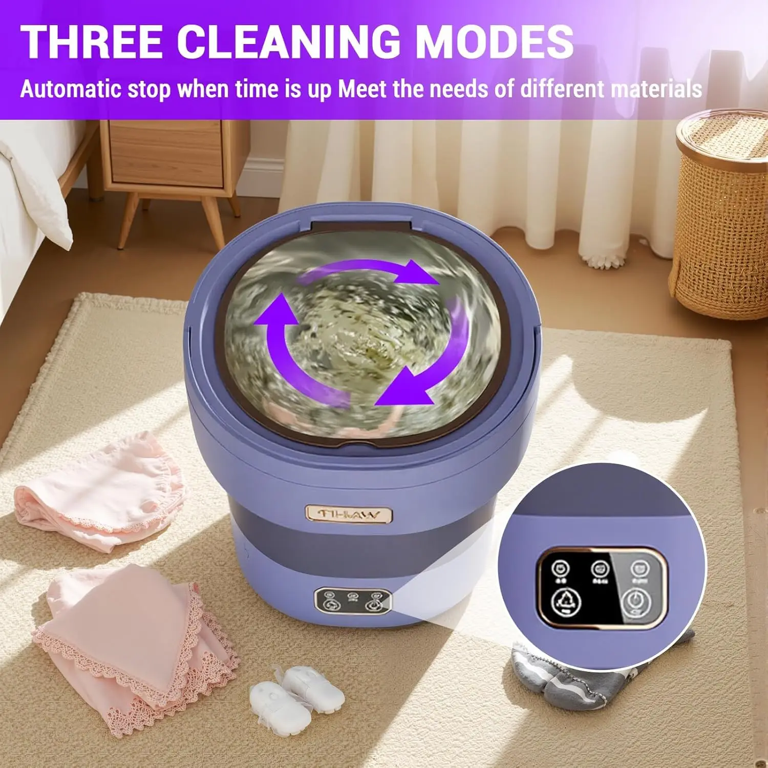 Green 12L Collapsible Mini Washing Machine & Dryer - Deep Clean for Underwear, Socks & Small Clothes - Compact Laundry Solution for Apartments, Dorms, Hotels & Travel - with Spin Basket - Light Purple (American Standard) 4