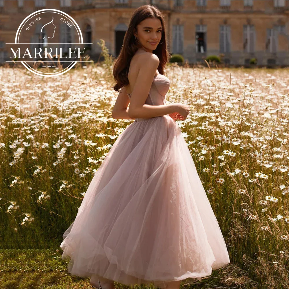 Marrilee Simple Pink Sweetheart A-Line Tulle Evening Dress Empire Waist Backless Zipper Ankle Length Sleeveless Prom Gowns 2024