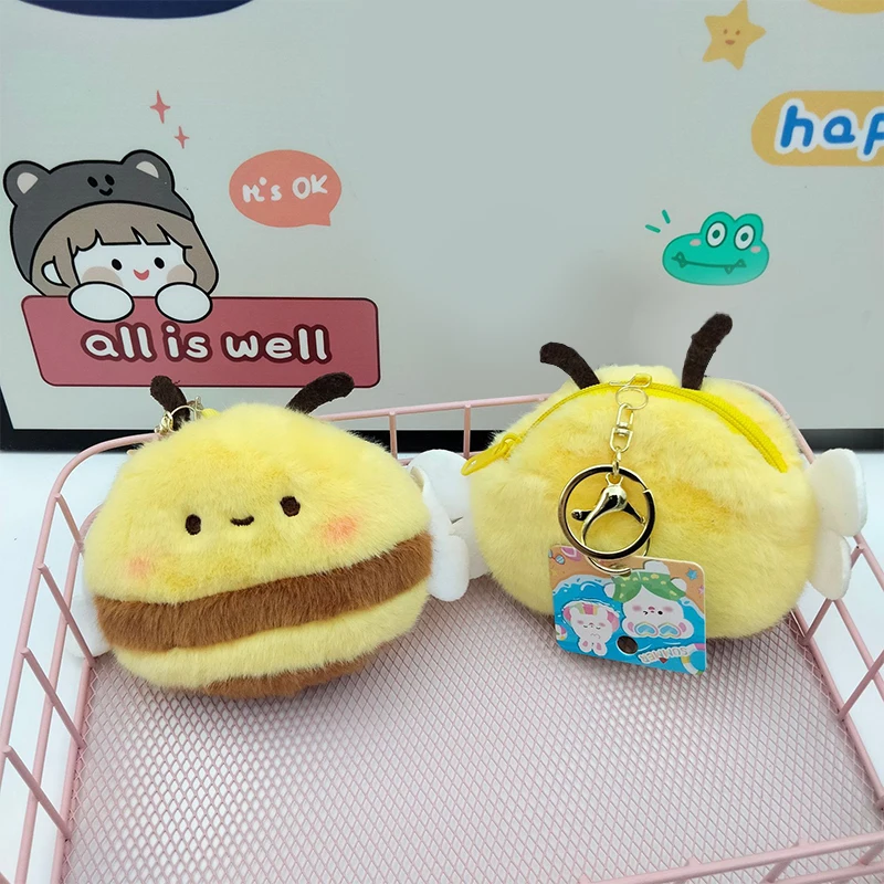 Cartoon Bee Coin Purse Soft Plush Zipper Small Wallet Girls Kawaii Data Cables Earphones Bag Key Pouch