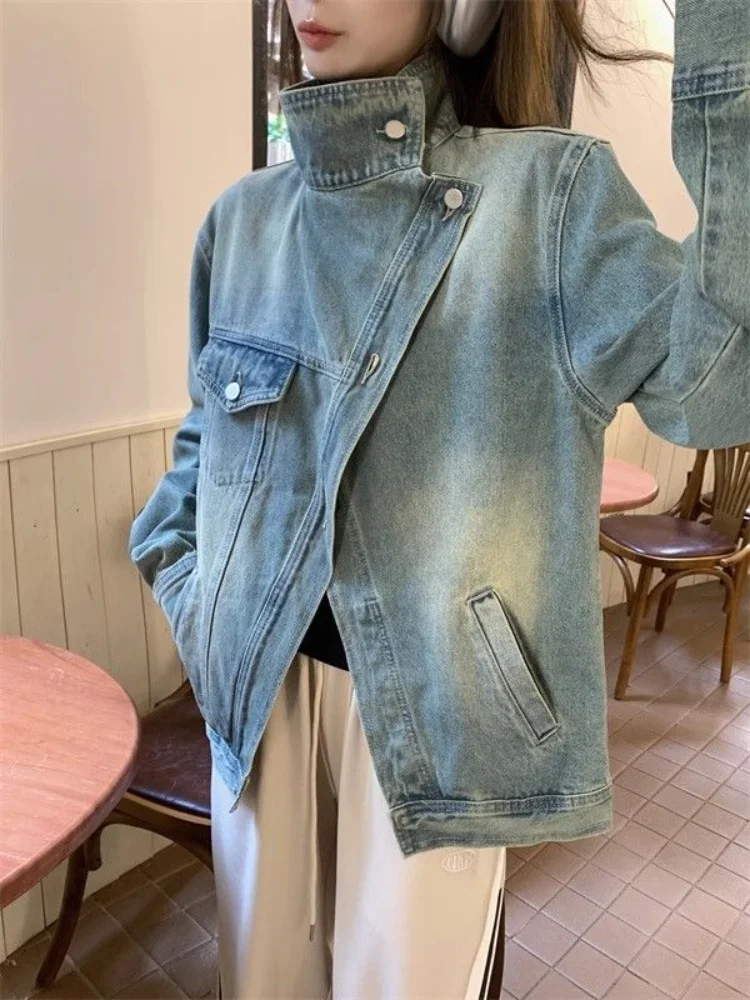 

Куртка женская джинсовая в байкерском стиле, модная винтажная Байкерская верхняя одежда с воротником-стойкой, на пуговицах, свободного покроя, Y2K, осень