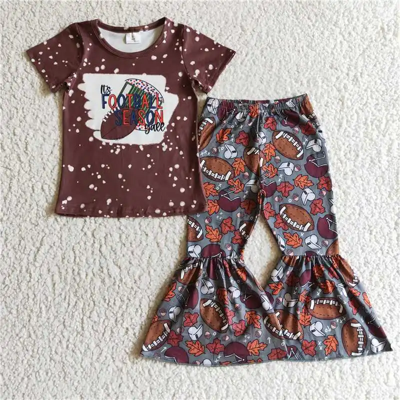 

Wholesale Baby Girl Brown Short Sleeve Shirt Top Bell Bottom Pants Outfit Kid Fall Leaves Clothes Set Toddler Ball Game Clothing