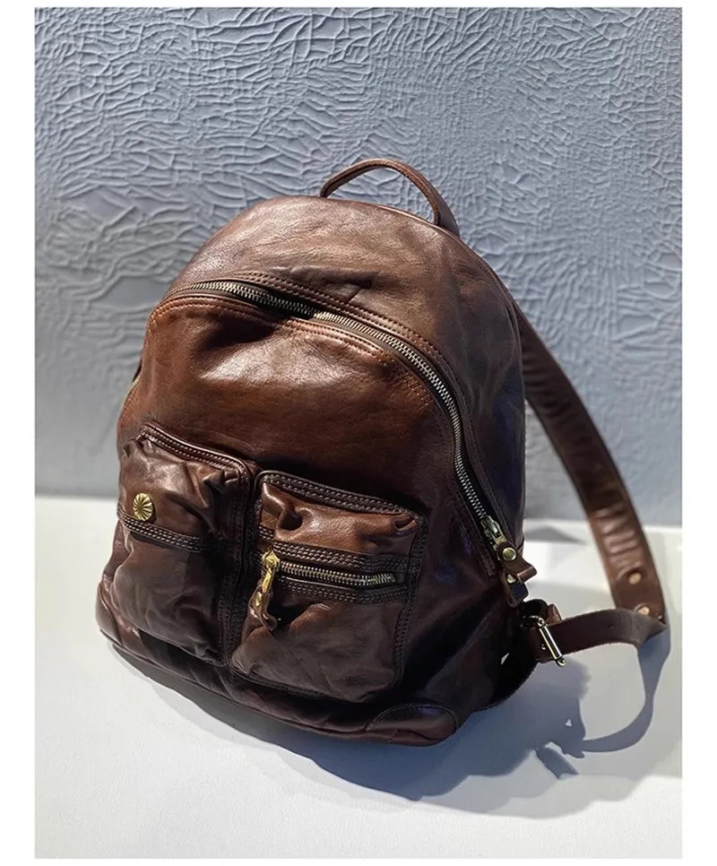 PNDME Vintage hochwertige echtes Leder Herren Damen Rucksack Designer Luxus handgemachte weiche echte Rindsleder Reise Schultasche – Detail 8