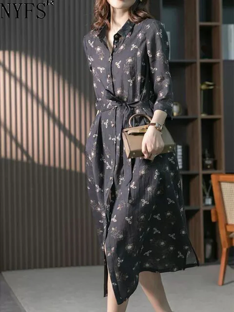 Nyfs 2023 Sprint Estate Nuova Stampa Coreana Abiti Da Donna Vestidos Robe Ete Femme Elbise Abito Lungo In Lino Di Cotone Sciolto