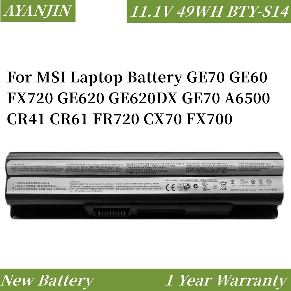 

New BTY-S14 11.1V 49WH Laptop battery For MSI Laptop Battery GE70 GE60 FX720 GE620 GE620DX GE70 A6500 CR41 CR61 FR720 CX70 FX700