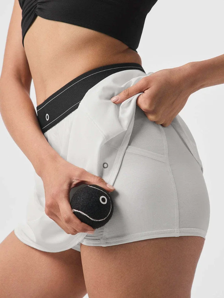 White Tennis Skirt Elastic Waist Running Fitness Golf Skirt Women Pockets Comfort Breathable Quick Drying Sports Pants