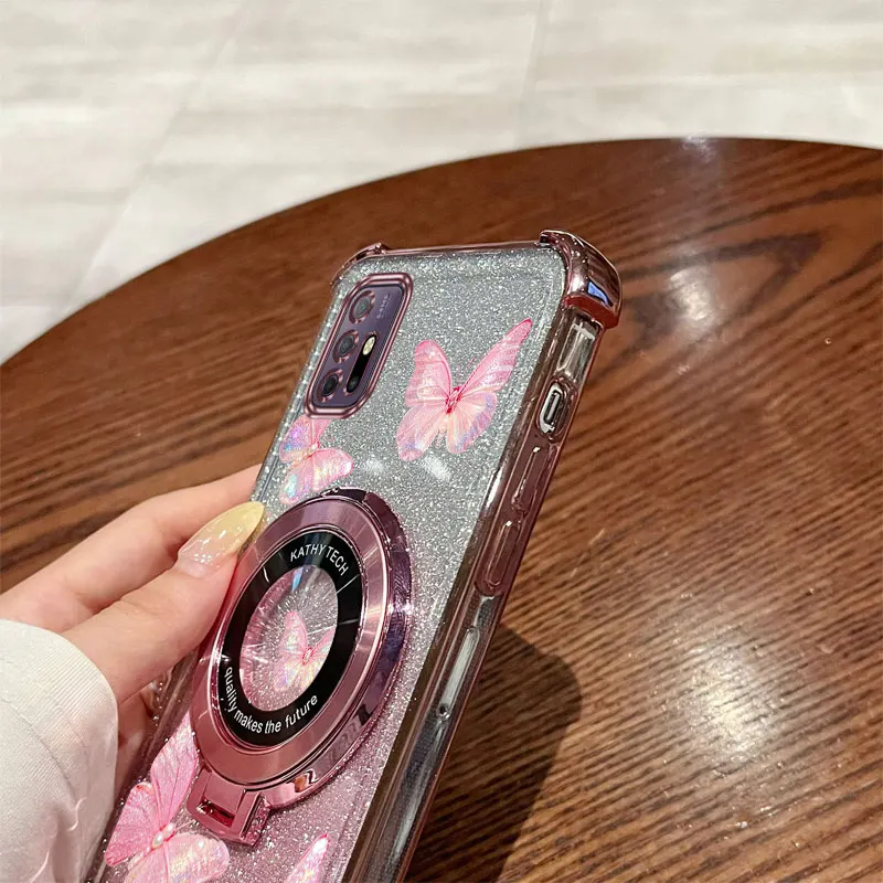 Glitter Pink Butterfly Phone Holder Case with Diamonds Strap Lanyard