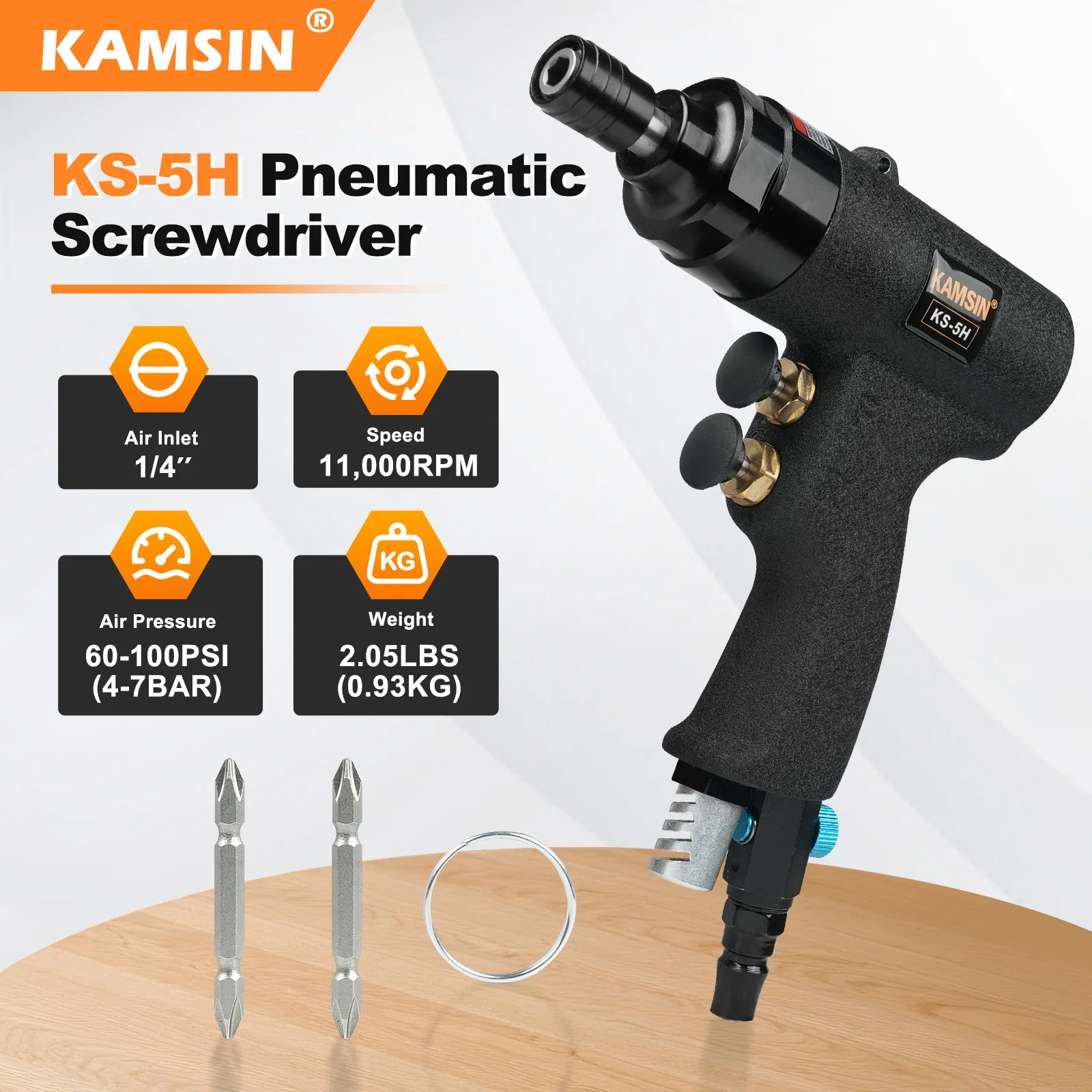 KS-5H 공압식 스크류드라이버, 1/4인치 임팩트 에어스크류 드라이버(Cw 및 CCw 스위치 포함), 11000rpm, 80N.m 토크, 산업용 등급 조절 가능
