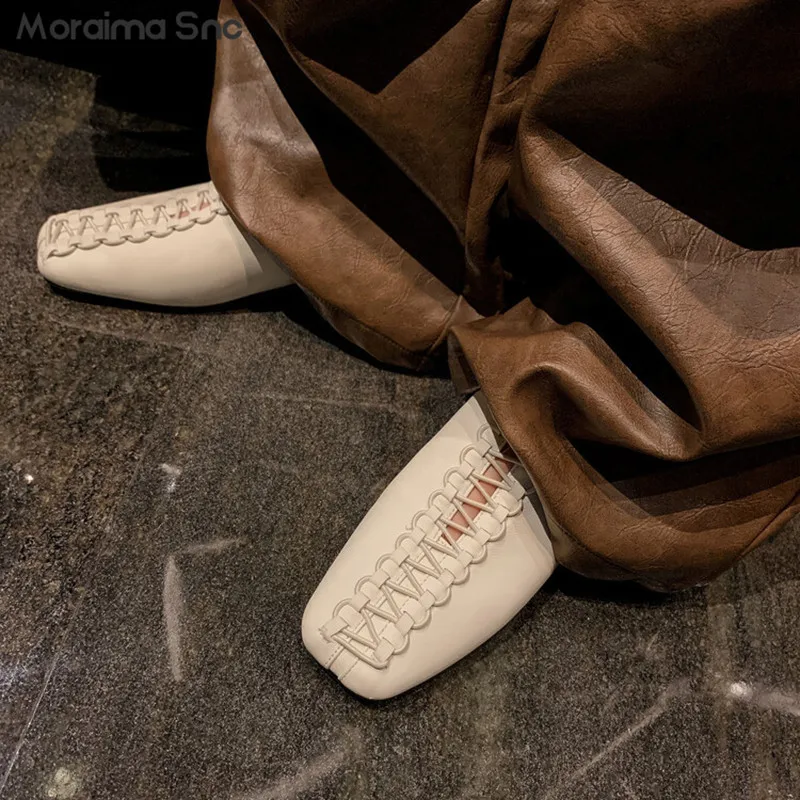 

Solid Color Retro Elastic Band Pumps Square Toe Sheepskin Lace Up Trendy Leather Shoes Low Heel Simple Fashion Women's Shoes