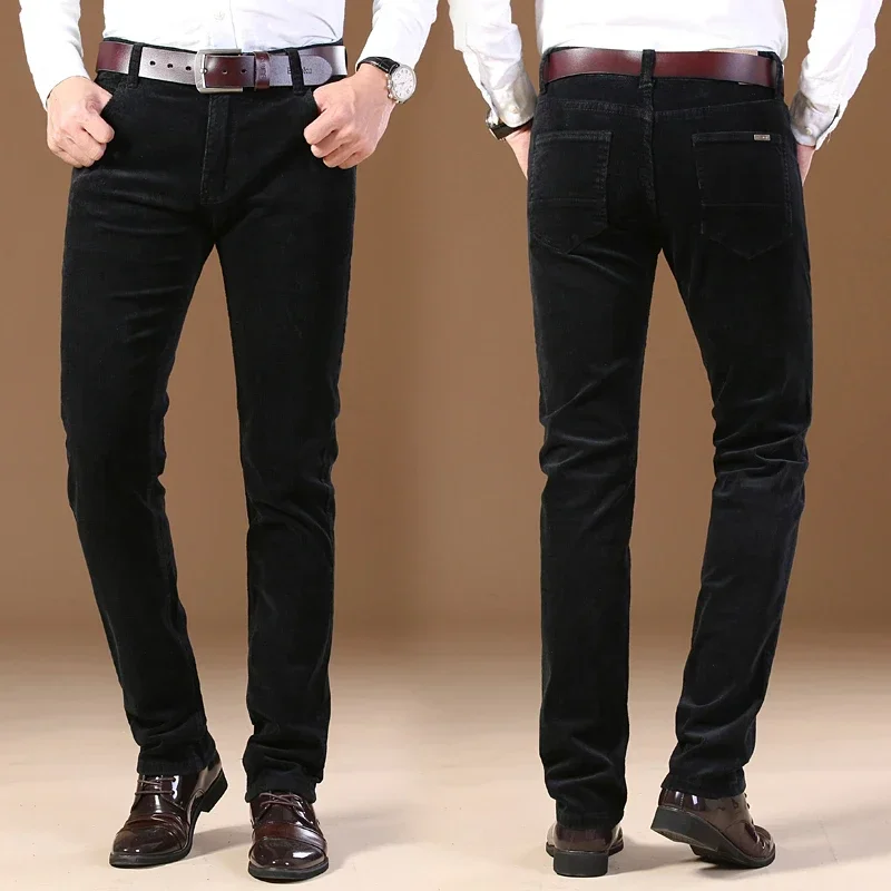 2023 Winter Men's Corduroy Casual Pants Business Fashion Solid Color Elastic Regular Fit Trousers Male Black Khaki Coffee Blue 5