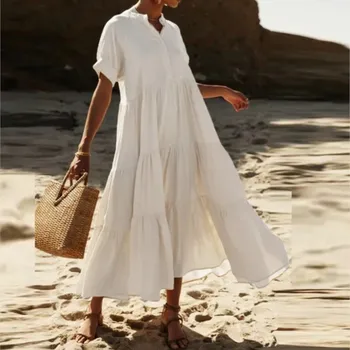 Abito lungo casual con volant con scollo a V Abito estivo da donna alla moda Abiti da vacanza al mare Abito casual a maniche corte in tinta unita da donna allentato 1