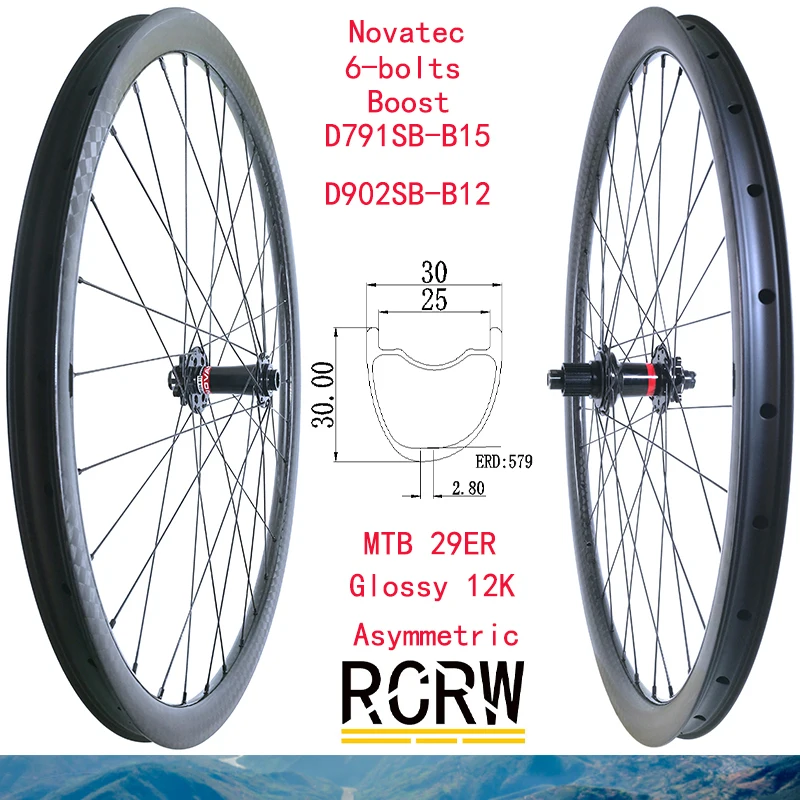 29er MTB XC 30*30mm Carbon Wheelset Asymmetric 12K Rim Wide 30 Deep Novatec D791SB-B15 D902SB-B12 Microspline 12S Boost Hub | Спорт и