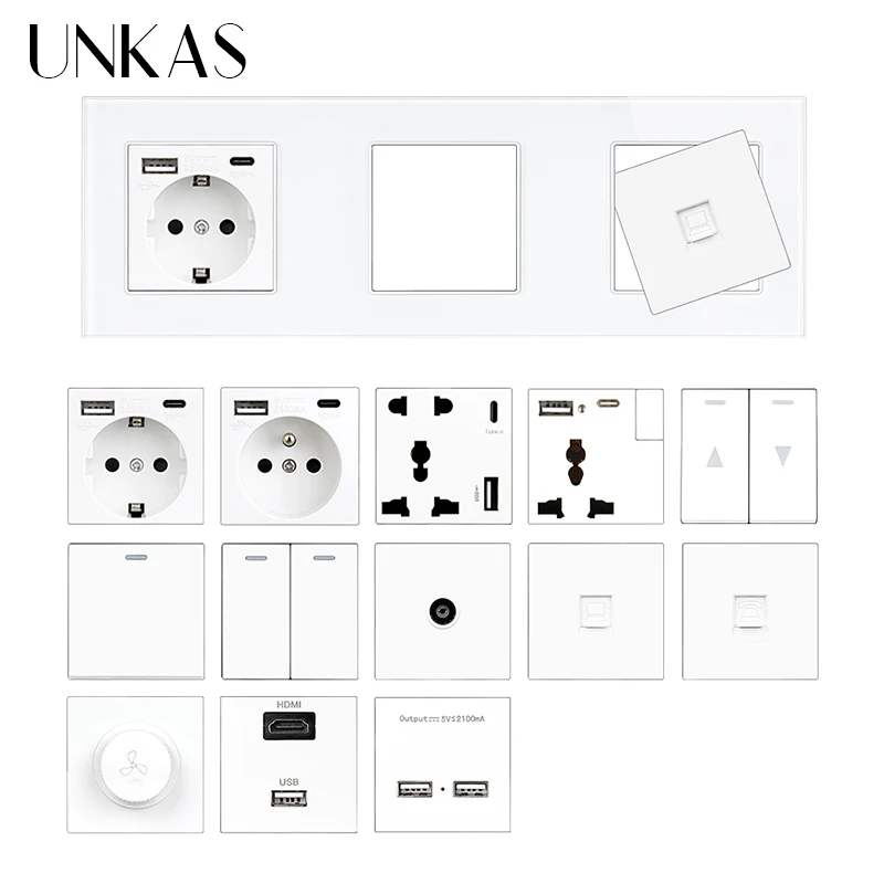 

UNKAS White Glass Panel Modules Combination Free French EU Socket TypeC USB Dimmer Doorbell TV Curtain Outlet DIY Matching