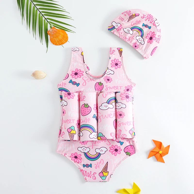 One Piece Swimsuit Children Swimsuit Children Swimsuits Buoyancy Girl Swimsuit 1-5 Years Children Floating One Pieces+Cap New Summer Sleeveless Toddler Infant Girls