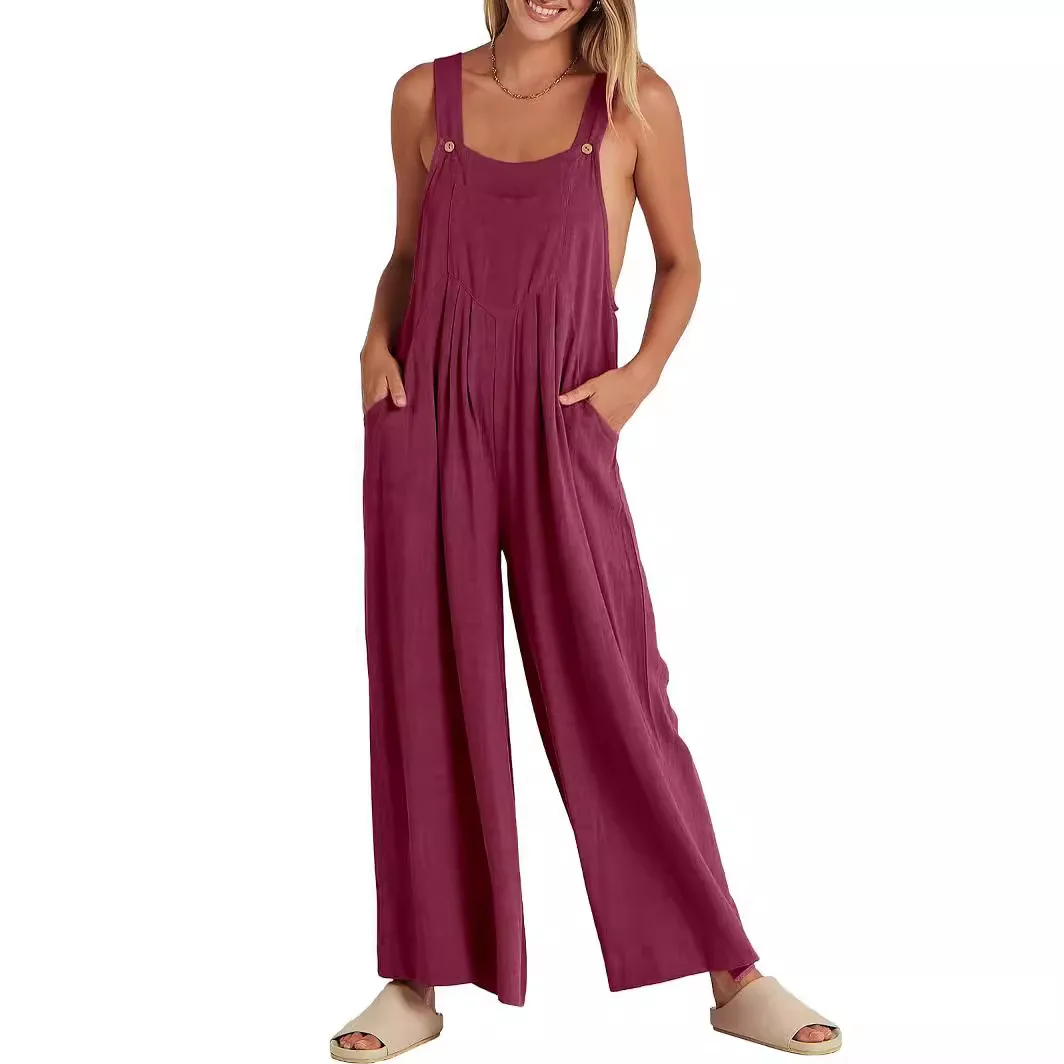 Jumpsuit ladies solid color loose casual cotton and linen suspenders jumpsuit simple commuting style, comfortable and casual
