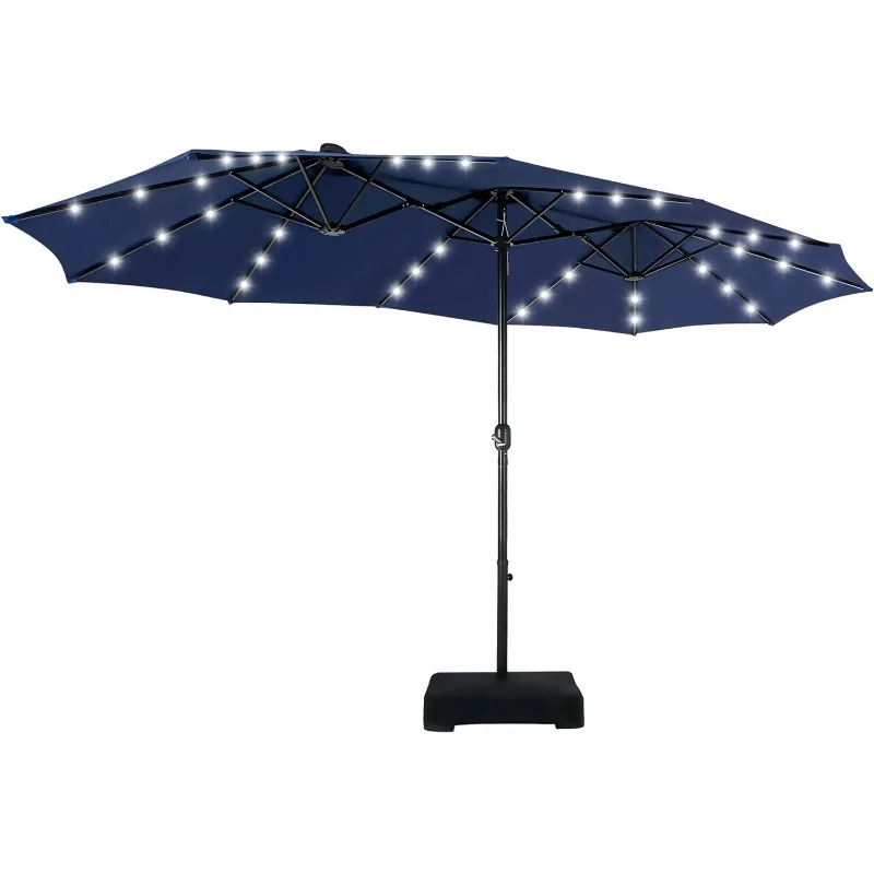 15ft Double Sided Patio Umbrella with Solar Lights, Outdoor Large Rectangular Market Umbrellas with Base Included