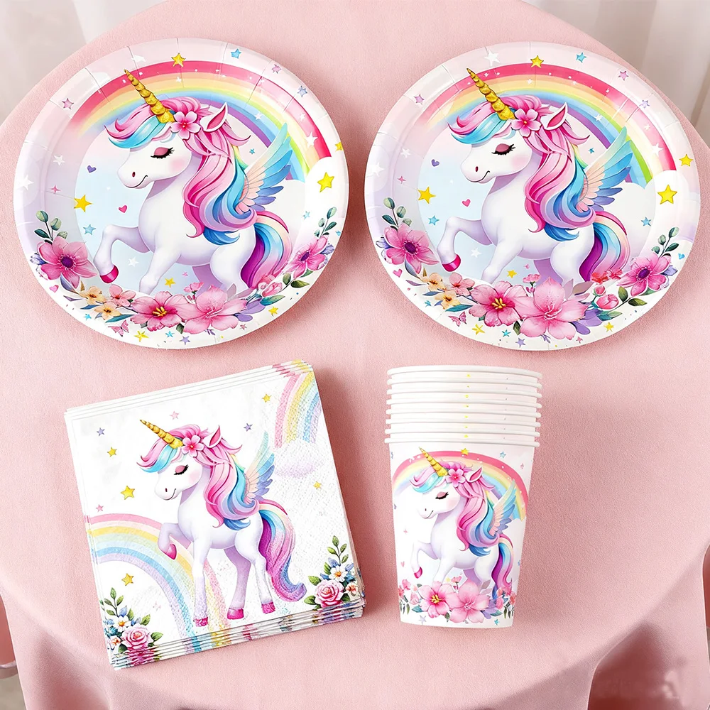 Einhorn Partyzubehör Einhorn Pappbecher Teller Servietten Einhorn Geburtstag Party Dekor Babyparty Kindergeburtstag Partyzubehör