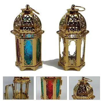 Gold European Castle Candlestick Vintage Hanging Candle Holder Moroccan Glass Candle Lantern Wedding Home Decor Ornaments