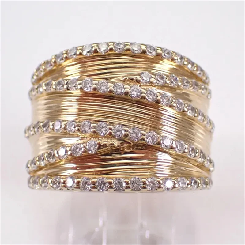 Classic Inlaid White CZ Women's Ring Dazzling Gold Color Geometry Daily Wear Party Jewelry Anniversary Gift
