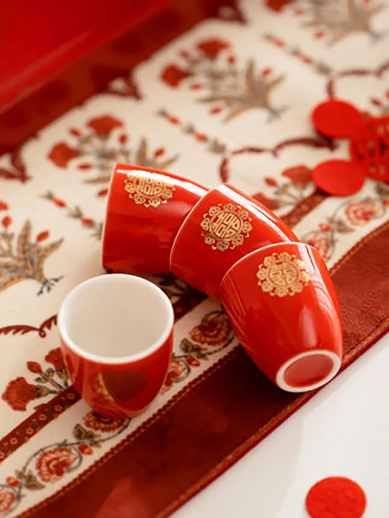 Red Chinese Style Traditional Wedding Celebration Wine Set, Luxury Ceramic Gift, Cross-Cupped Wine, Bar, Hotel, Coffee Pot and C