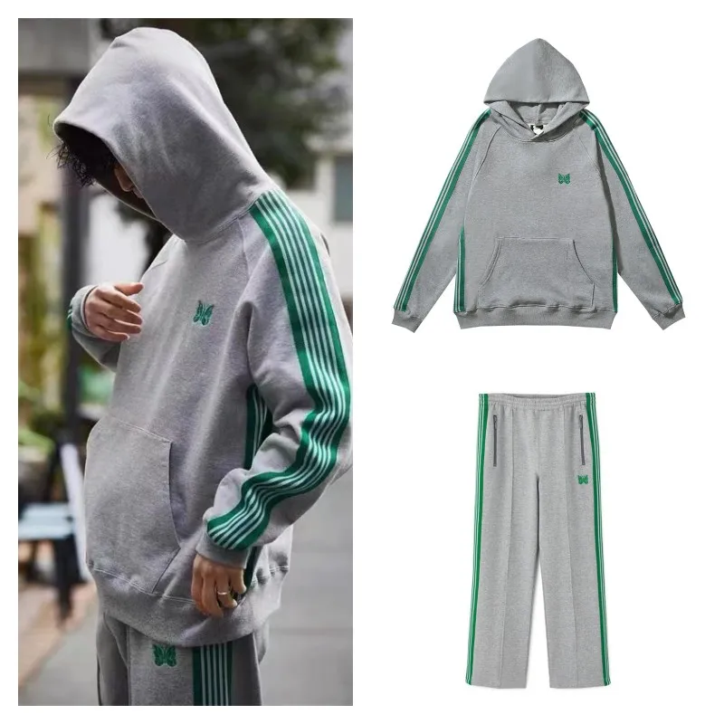 

Nee dles Grey Hoodie Butterfly Embroidery Stripe Sweatshirt Best Quality Mens Womens Needles Stripe Joggers Lounge Pants