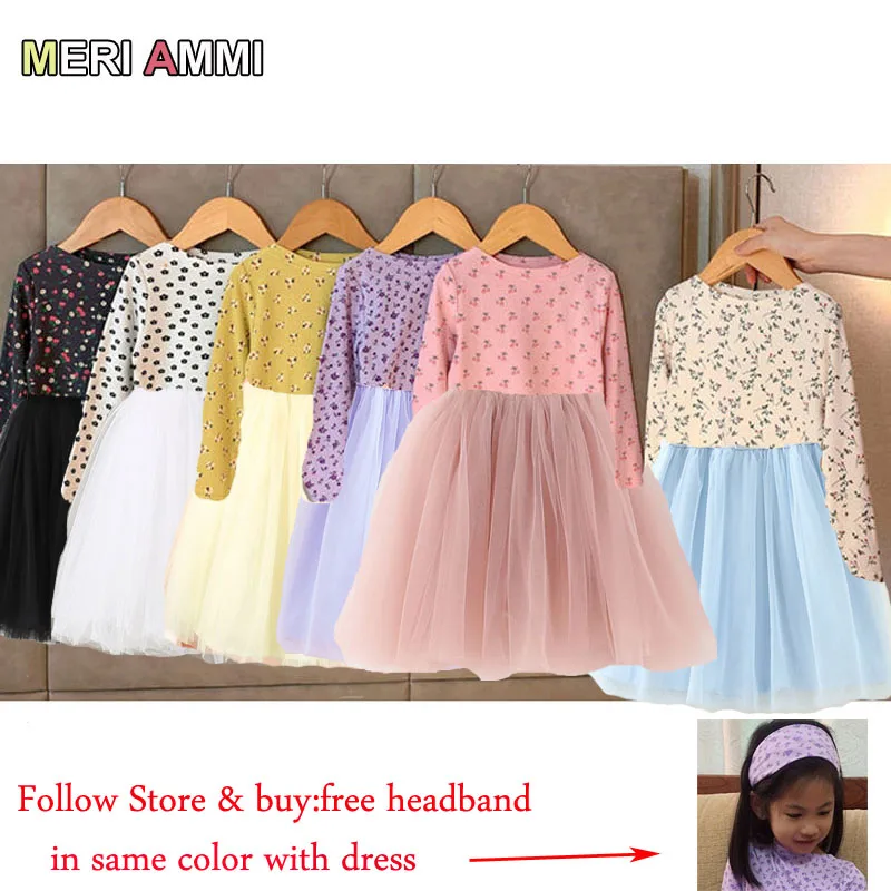 

MERI AMMI Free Gift Headband Children Clothing Full Sleeve Floral Flower Girl TuTu Party Layered Mesh Dress For 1-7 Year Kids