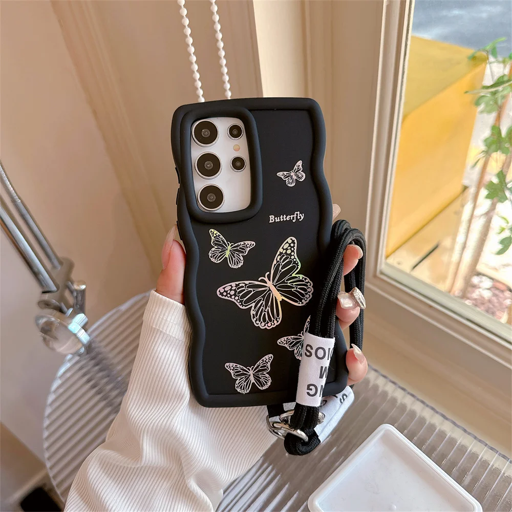 Étui de téléphone avec dragonne en silicone ondulé pour Samsung S24 S23 S22 Ultra S21 FE A55 A54 A53 A52 A35 A15 A12 A05 5G_voghion.com