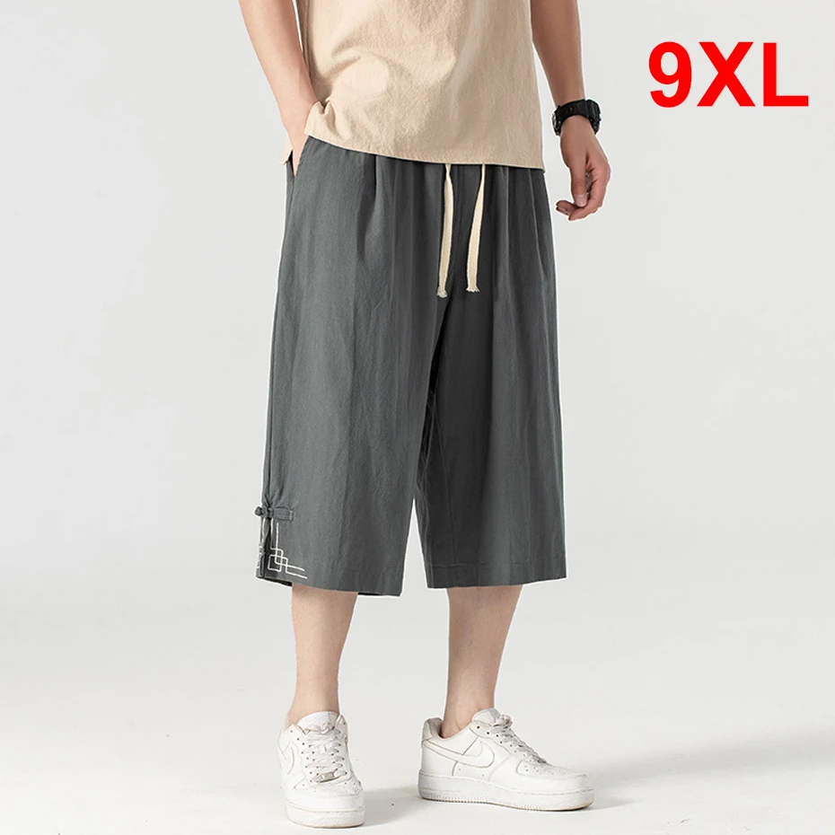Summer Calf-length Pants Men Loose Linen Pants Plus Size 9XL Solid Color Bottom