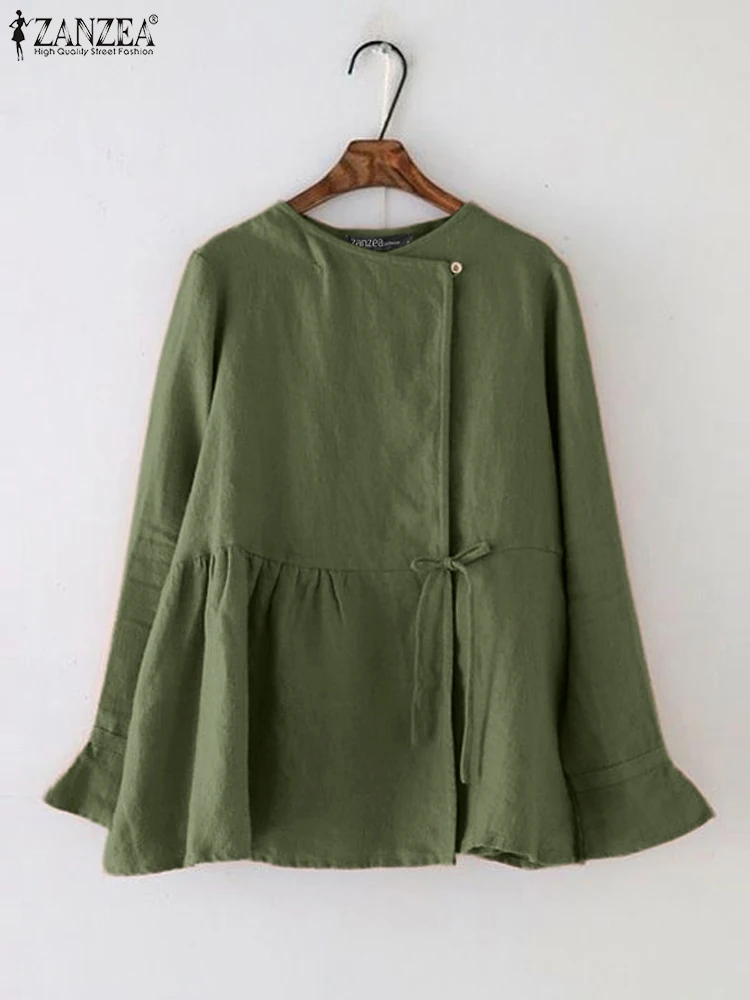 856654-653901.jpg Spring Cotton Shirt 2024 ZANZEA Fashion Solid Lace Up Tops Tunic Casual Work Blusas Mujer Vintage Women Long Flare Sleeve Blouse - Image 1