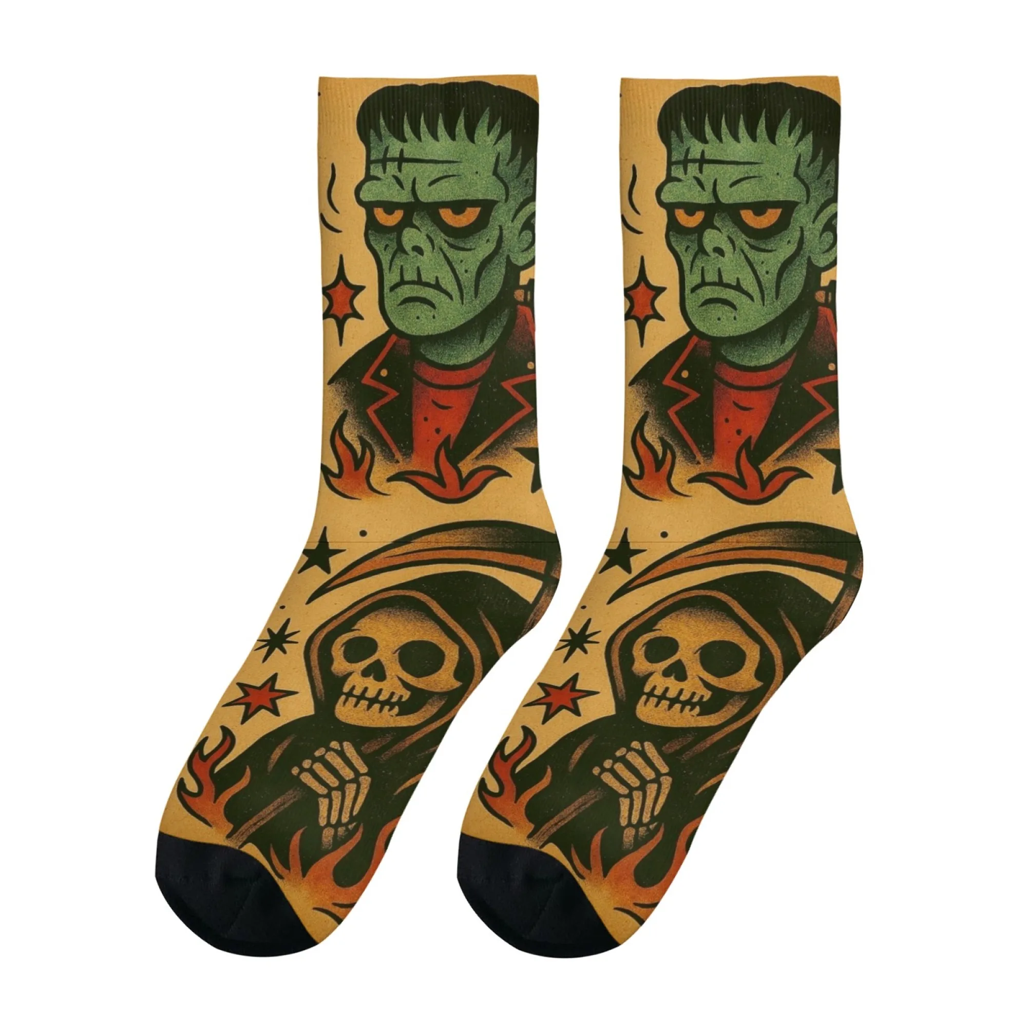 Vintage Tattoo Dark Crew Socken, Voodoo Doll Frankenstein Skull Print Socken, Geschenk für Vintage Tattoo & Dark Style Enthusiasten – Detail 5