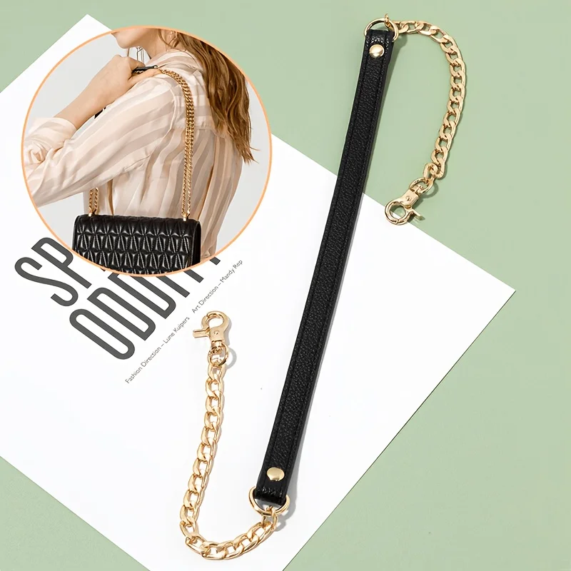 Elegant Gold Metal Chain with Black Leather Strap - Versatile Accessory with Square Safety Buckle for Handbags, Shoulder Bags, and Wallets