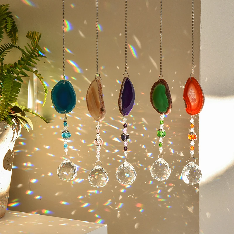 1pc Suncatcher Hanging Crystal Ball with Agate Slice Wind Chime Ornament Window Garden Decor Home Decor