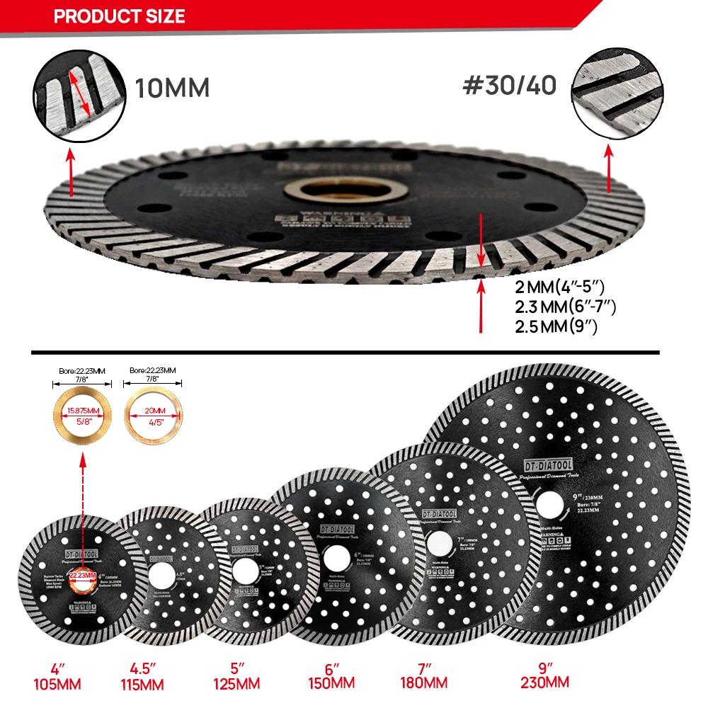 DT-DIATOOL 2 stücke Wet Trocken Diamant Schmale Turbo Multi Loch Sägeblatt Durchmesser 125/230mm Trennscheibe für granit Marmor Beton – Detail 1