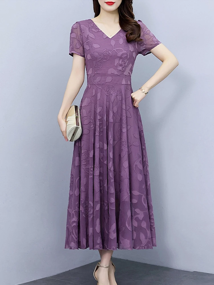 

Women Clothing Purple Floral Chiffon Tunics Casual Boho Beach Midi Dress Fashion Summer Elegant Bodycon Party 2024 Long Dresses