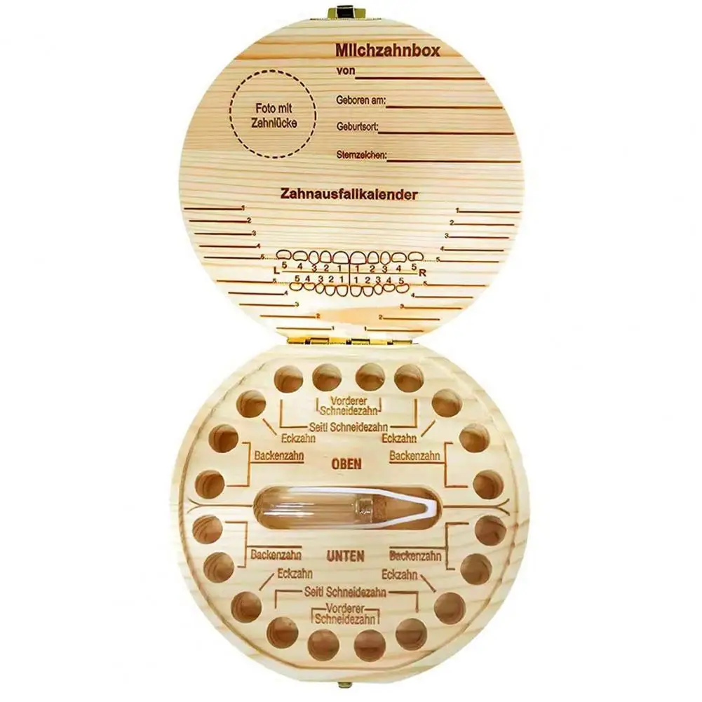 Milchzähne Box Aus Holz - Aufbewahrungsdose Für Babyzähne Mit Zubehör (12,8x12,8x2,8cm)