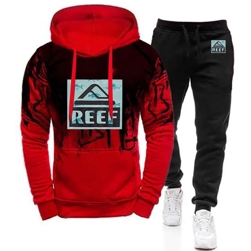 2024 New Men Reef Logo Spring and Autumn Fashion T-shirt Trendy Brand Loose Fit Casual Versatile Hoodies Trousers Gradient Suit 2