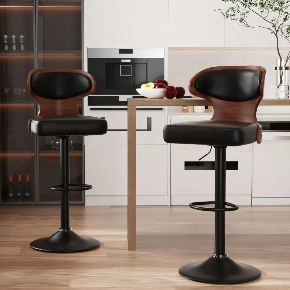Bar Stools Set of 2 Adjustable Height 24.5-33.5IN Bentwood Swivel Barstools Back Footrest Black Bar Chairs