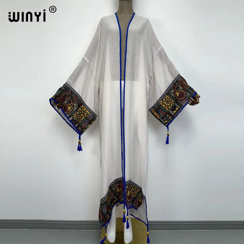 WINYI 2022 summer Sexy See Through Embroidered Long Kimono stitch Beachwear Women Tops and Blouses Middle East Muslim Abaya long flowy beach dress