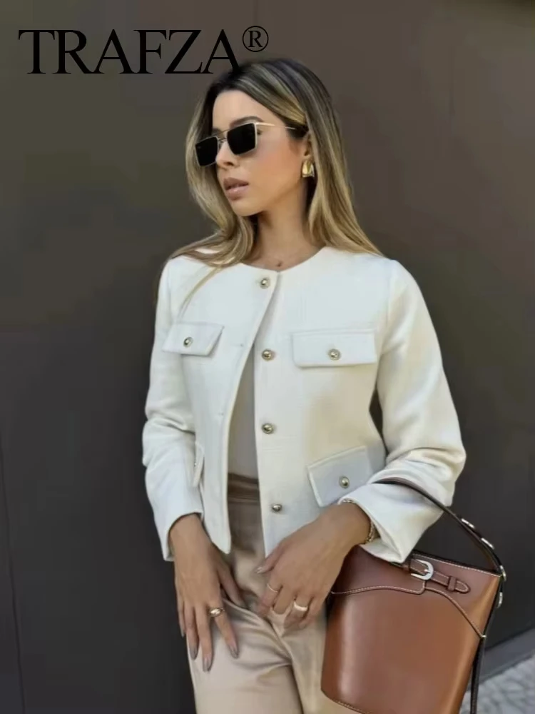 HH Women Vintage Solid Coat Long Sleeve O Neck Jacket With Metal Buttons Autumn Female Fashion Casual Office Lady Outerwear