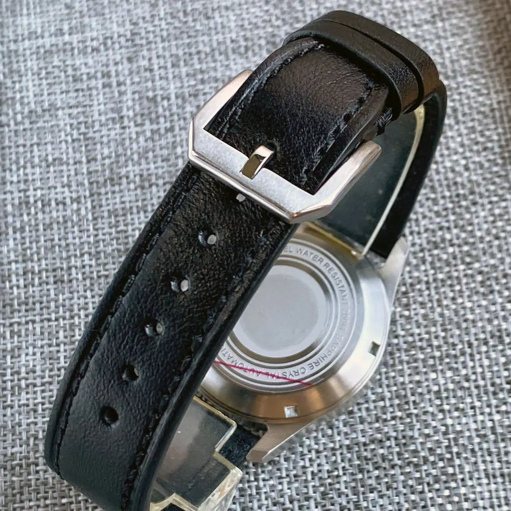 Tandorio 39mm Black Dial Sapphire Glass 20ATM Diving Japan NH35A PT5000 Automatic Pilot Brushed Men Watch Leather Strap